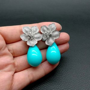 YYGEM 16x27mm Blue Sea Shell Teardrop Cz Pave Flower Stud Gold Plated Stones Earrings Party Elegant Jewelry Drop 240419