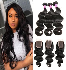 High Quality Grade 10A Brazilian Virgin Human Hair Body Wave 3 Bundles With 4x4 Lace Closure MiddleThree Part Natural Color 5895853