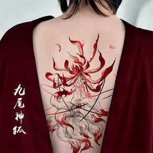 Tattoo Transfer Nine Tail Fox Temporary Tattoo Art Red Flower Fake Tattoo Lasting Tatoo Sticker Sexy Back Waterproof Sticker Tatuajes Temporales 240427