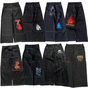 Men's Jeans Y2K JNCO high quality Embroidered Hip Hop baggy jeans Tribal Gothic Strtwear Harajuku Black Pants Waist Wide Leg Trouser H240425