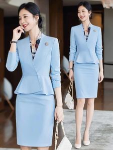 Рабочие платья синие костюмы женщины осень мода Temeprament v Neck Business Formal Slim Blazer и Skirt Sets Office Lady Wear