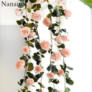 180 cm högkvalitativa falska siden rosor murgröna vinstockar konstgjorda blommor med för hem bröllop dekoration hängande krans4395487