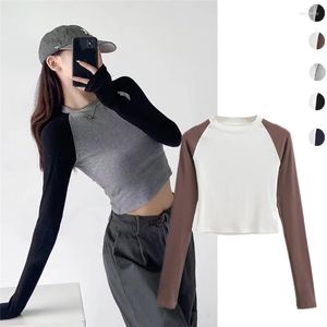 Women's T Shirts Sexy Vintage Color Contrast Patchwork Long Sleeve Raglan High Waist Bare Midriff Slim Fit Short Bottoming Shirt Chic Inner