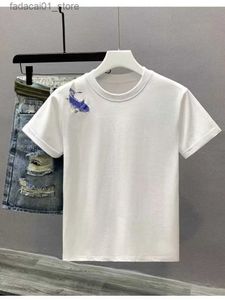 Men's T-Shirts Summer New Short sleeved Solid Color Screen Cotton Shirt Guofeng Koi Embroidered Mens Q240426
