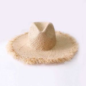 Wide Brim Hats Bucket Hats Summer Simple Solid Color Handwoven Rafia Sun Hat Womens Lace Big Brim Str Hat Outdoor Beach Summer Cs J240425