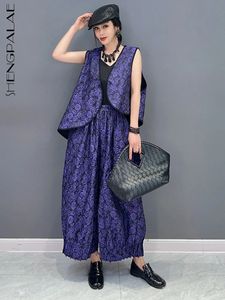 Shengpalae 2 -stycken Set Chinese Style Sleeveless Asymmetric Vest Top Casual Loose Long Trousers Womens Spring Suit 5R1855 240420