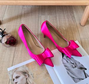 Early Spring New Pointed Bow High Heel Formal Shoes Hedera Satin Shallow Mouth Back Air Loop Design Sandals Sexy and Comfortable Women's Wedding Shoes eu35-42 with Box