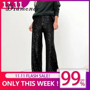 Capris Women Sparkle Sequin Pant Full Length Shiny Elastic Pant High Waist Solid Color Party Long Leg Pants