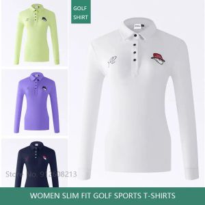 Camisetas coreanas Mulheres Longsleeved esportes tshirts Lady Spring Autumn Casual Golf camisa elástica Roupas de turamente colar
