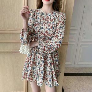 French Puff Long Sleeve Stretch Dresses Woman Summer Slim Body Clothes Floral Print Pastoral Female 240424