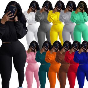 Autumn Thread Elastic Two-Piece Navel Exposed Tracksuits Female Pure Color Sports Suit275f