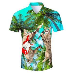 Camisas casuais masculinas masculinas engraçadas camisas havaianas impressão 3D Camiseta de gato engraçado de gato