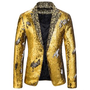 Giacche Styilsh Gold Sequen Singer DJ Men Abito Coat Twocolor Stitching Collar Floral Patchwork Blazer Stage Prom Party Nightclub Giacca