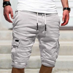 Men's Shorts Mid Rise Elastic Waistband Drawstring Mens Shorts Solid Color Loose Fitness Goods Shorts Multi Pocket Street Clothing J240426