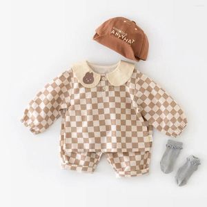 Clothing Sets 2024 Spring Kid Plaid Pullover Shirt Set Boy Children Cartoon Lapel Tops Pants 2pcs Girl Baby Cotton Loose T-shirt Suit