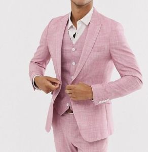 Ceketler Pembe Keten Yaz Düğün Takımları Erkekler için İnce Fit Moda Damat Smokin Özel Ceket+Pantolon+Yelek Terno Maskulino