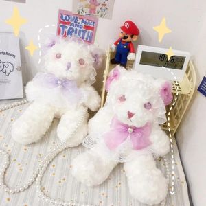 Axelväskor japanska kawaii plysch björn messenger väska lolita flickor söta bågar spets cosplay docka pärla