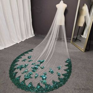Wedding Hair Jewelry Luxury Bling Sequins Green Lace Soft White/Ivory Tulle Wedding Veil with Comb 1 Layer 3 Meters Long Colorful Bridal Veil