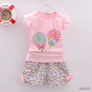 Kleidungssets Baby-Mädchen-Kleidung Sets für Kinder T-Shirt Tops+kurze Hosen Kleidung Sets Kleinkindmädchen Lollipop gedruckte Sommerkindkleidung Sets