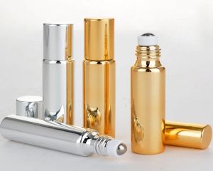 100pcs/lot Fast Shipping 10ML Metal Roller Refillable Bottle For Essential Oils UV Roll-on Glass Bottles gold & silver colors LL