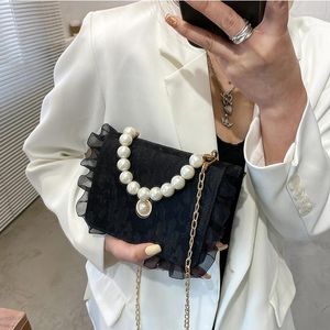 Axelväskor koreanska kontor lady sweet pärla spets väska vintage messenger chic stor kapacitet ins kedja kvinnor