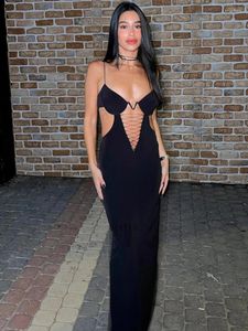 Casual Dresses Elegant Bandage Sexig Cut Out Slip Maxi Dress Party Club Outfit For Women Sleeveless Backless V Bra Clothes Summer