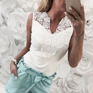 Summer Women Lace Hollow Slim Sexig ärmlös V-Neck Casual Patchwork T Shirt Topps ljus Blue White Harajuku Streetwear S-XL 240415