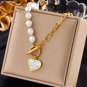 Pendant Necklaces Xiyanike 316L Stainless Steel Womens Necklace New Design Pearl Decoration Heart shaped Pendant Womens Necklace Fashion Jewelry Q240426