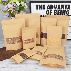 Gift Wrap 10pcs Kraft Paper Window Bag Candy Cookie Dried Food Fruit Tea Packaging Pouches Zipper Self Sealing Stand Up Bags