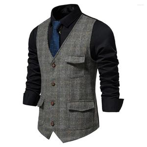 Men's Vests Retro Men Business Waistcoat Sleeveless Pockets Single Breasted Slim Fit Vest Coat Plaid Print Work