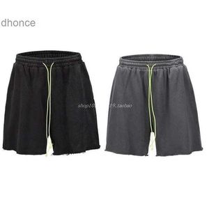 2023 New High Street Knife Cut Hem Damaged Water Washed Old Fluorescent Green Drawstring Loose Sports Shorts Trendy
