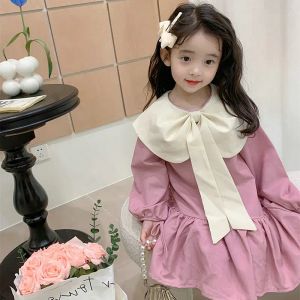 Care 2023 New Spring and Autumn Girl's Dresses Long Ribbon Liten Fresh Flower Bud Dress Princess Dress Big Lapel Children's Clothing