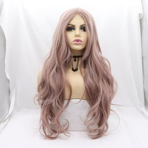 Maskingjord rosa stor vågig blandad färg framspets peruk kemisk fiber hög temperatur tråd spets kemisk fiber peruk kvinnor långt hår huvudgea