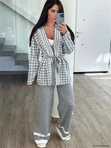Women's Pants Winter Casual Houndstooth Two Pieces Suits Long Sleeve Knitted Cardigan Coat Wide Leg Pant Female Loose Sweater Sets Tracksuit