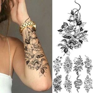 Tattoo Transfer Black Large Snake Flower Fake Tattoo Sticker For Women Dot Rose Peony Temporary Tattoos DIY Water Transfer Tatoos Girls 240427