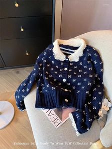 Kobiety Jumn Winter Office Lady Navy Cardigans Turn-Down kołnierz przytulny szydełkowy sweter z dzianiny druk odzieży wierzchniej preppy gotyc y2k