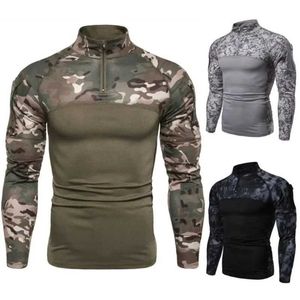 Taktiska T-shirts Ny kamouflage Mens Militär T-shirt med dragkedja Stand Up Collar Militär Taktisk skjorta Utomhus Sportskjorta Långärmad T-shirt 240426