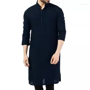 Ethnic Clothing 2024 Men's Long Sleeve Muslim Thobe Robe Button Up Kaftan Side Split Arabic Shirt Men Islamic
