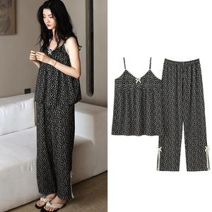 FDFKLAK SEXY Sleepwear Set Womens Summer Pyjamas Thin Suspenders V Neck Shirt Pant Suit Sma Liten Floral Modal Home Clothes M-3XL 240415