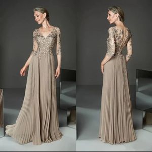 Champagne Lace See Through Long Sleeve Sheer Neck Appliques Sequins Evening Dress Floor Length Chiffon Groom Mother Party Gowns prom