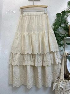 Skirts Beautifully Embroidered Cotton Three-Layer Lace Splicing Skirt Elastic Waist Gentle Umbrella Fairy