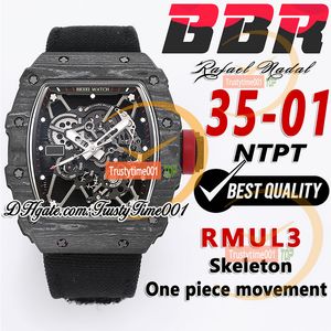 BBR 35-01 RMUL3 Mechanische Handwinding-Herren Watch NTPT Carbonfasergehäuse Skelett Zifferblatt Schwarz geflochten