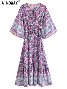 Party Dresses Vintage Chic Women Purple Floral Print Batwing Sleeve Bohemian Maxi Robe Lady Beach Summer Boho Dress Cover-Ups Vestidos