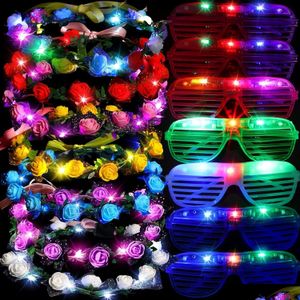 Decorazione per feste Led Light Up Glasshi Flower Crown Glow in the Dark Flashing Headband Eyewear for Birthday Festival Neon Drop Deliver Dhonp