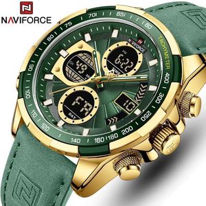腕時計装置男性用の新しいナビフォース革革の防水式スポーツクォーツクロノグラフデュアルディスプレイクロックY240425