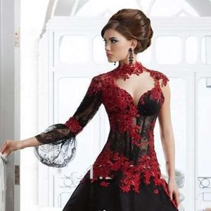 Hohe Applikationen Gothic Maskerade Hals Hochzeit Victorian Kleid Spitze Perlen Rot und Schwarzer langer Ball Brautkleider Vintage Corset Plus Size Braut Kleider Ein Ärmel es