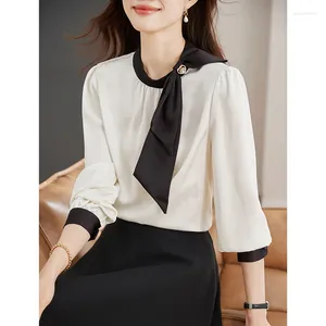 Women's T Shirts 2024 Spring/Summer/Autumn Korean Versatile Bow Colored Long Sleeved Satin Shirt Top T-shirt