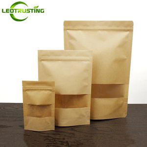 Väskor 50st Kraft Paper Clear Window Zip Lock Bag doypack Självförsegling Ground kaffekapsel sex cosplay strumpor handskar gåvor packar väskor