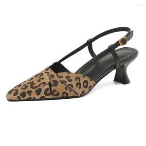 Dress Shoes Leehmzay Size 33-40 Women Sexy Leopard Sandals Suede Real Leather Kitten High Heels Summer Slingback Party Office