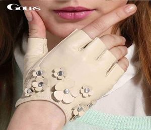 Gours Genuine Leather Gloves for Women Fall New Fashion Brand Ladies White Fingerless Unlined Glove Goatskin Mittens GSL026 2010206537522